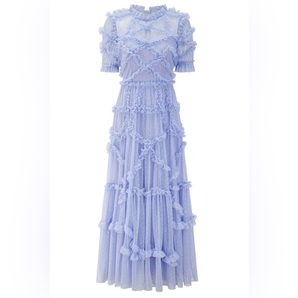 FAIRYTALE MOCK NECK SLEEVED DOTTED TULLE TIERED RUFFLE MAXI GOWN